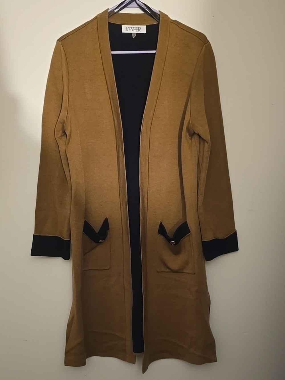 Kasper Long Camel Open Cardigan with Black Trim Accents